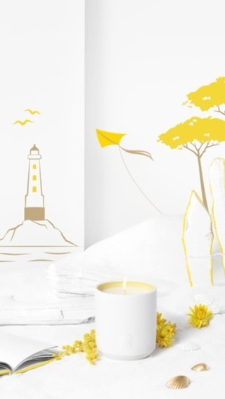 Still life featuring a lit candle, seashell, yellow flowers, and a book, set against an illustrated backdrop of a lighthouse and kite.