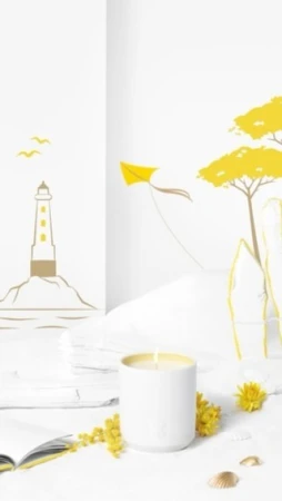 Still life featuring a lit candle, seashell, yellow flowers, and a book, set against an illustrated backdrop of a lighthouse and kite.