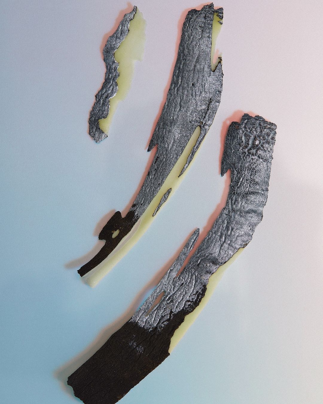 Abstract artwork featuring textured, silver-colored bark-like forms with luminescent yellow inner layers against a gradient background.