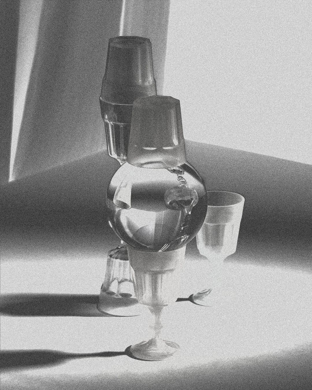 Monochromatic still life of stacked glasses on a reflective white surface, featuring a bulbous water-filled glass atop a stemmed glass.