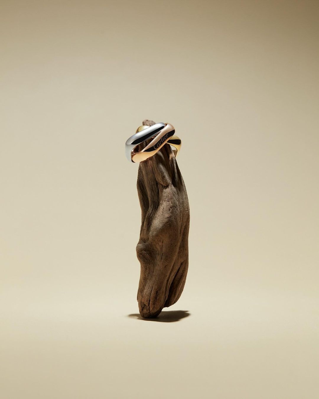Three gold, rose gold, and white gold trinity rings are stacked on a textured brown tree branch against a neutral backdrop.