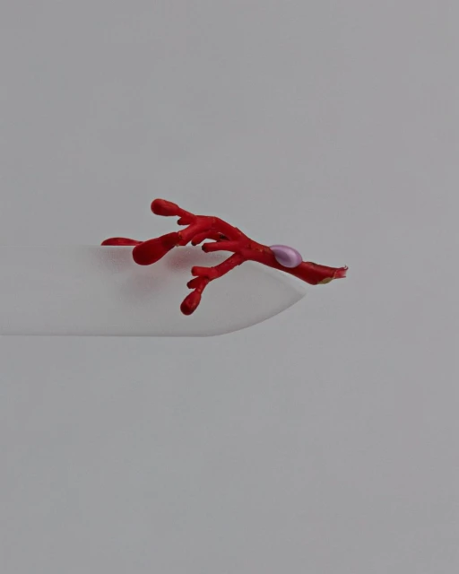Close-up studio shot of a vibrant red branch adorned with a single lilac-colored bead, presented against a soft gradient white background.
