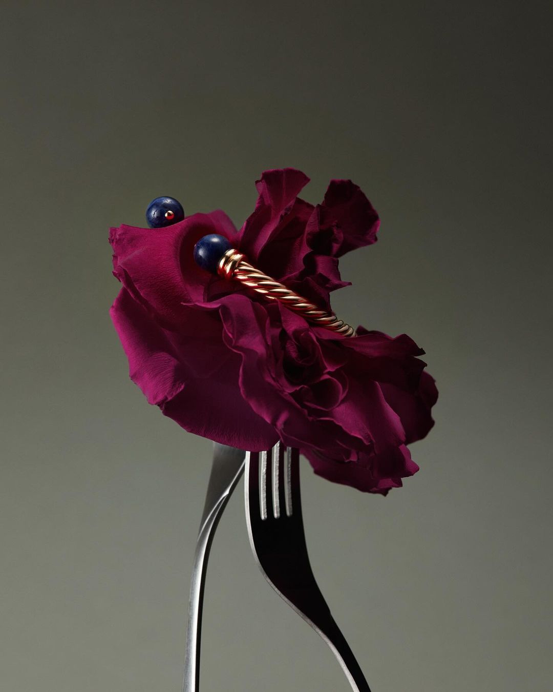 Close-up still life of a deep red rose head supported by two forks, adorned with a copper wire and dark blue beads, against a grey background.