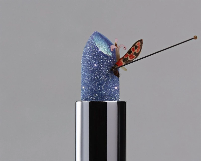 Close-up of blue glitter lipstick with a decorative butterfly against gray background in beauty, fashion and cosmetics style.