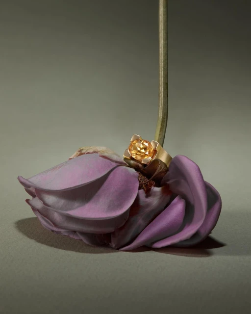 Close-up studio shot of a gold ring with a yellow gem, nestled in the petals of a pale purple flower with a green stem against grey backdrop.