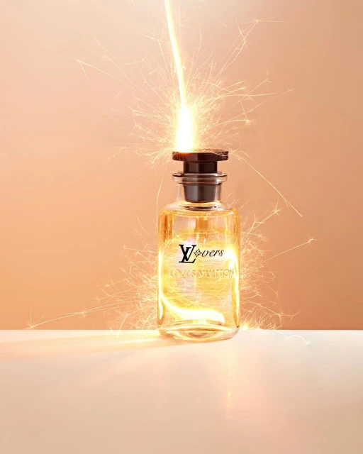 Luxury perfume bottle by Louis Vuitton with sparkler effect on neutral background for beauty and fashion advertising and promotion.