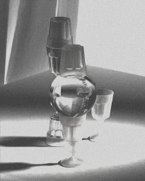 Black and white still life photograph of stacked glass vessels and drinking glasses with strong shadows on a tabletop surface.