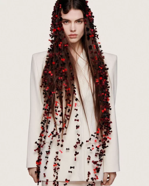 A woman with long brown hair adorned with many small black and red bows posing in front of a white background, wearing a light-colored suit.