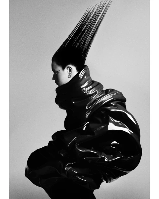 Profile shot of an androgynous adult with an elongated hairstyle, wearing a dark, reflective high-fashion garment against a gray backdrop.