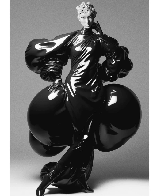 Asian woman wearing a black shiny avant-garde fashion dress with large round inflated design elements in a studio shot.