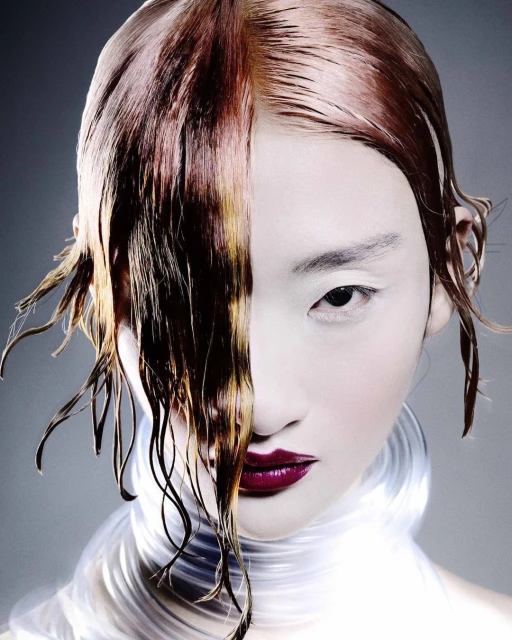 Close-up portrait of a model with pale skin, dark eyes, wet dark hair, and dark red lipstick against a grey background in a photo studio.
