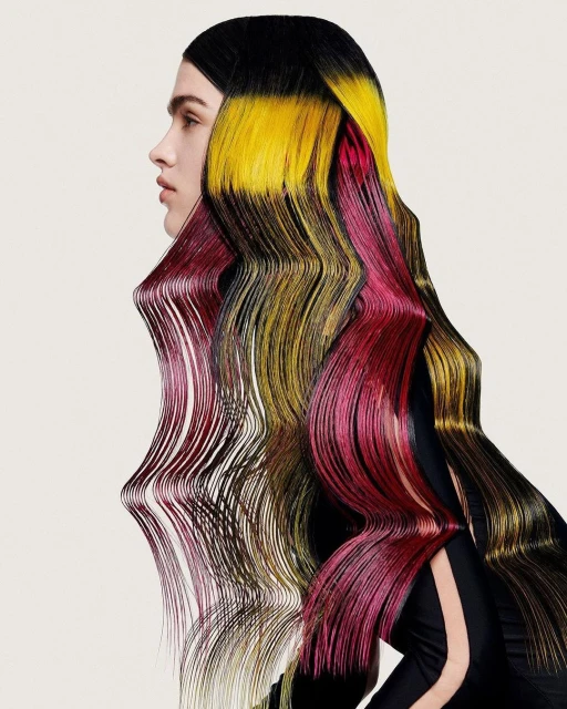 Creative portrait of a woman with long, stylized hair that is dyed in black, yellow, and red hues on an off-white background.