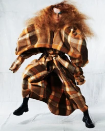 Model in voluminous plaid coat and black boots against white backdrop by Andrew O’Toole
