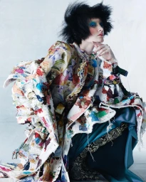 Model with dark tousled hair and blue eyeshadow wearing a patchwork floral jacket and dark teal skirt.
