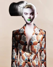 Surreal portrait of a model with abstract sculptural hair and vibrant green lipstick wearing a patterned jacket by Andrew O'Toole