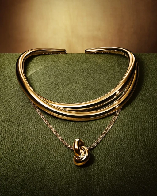 A gold knotted pendant necklace and matching cuff sit on a green surface against a graduated brown background.