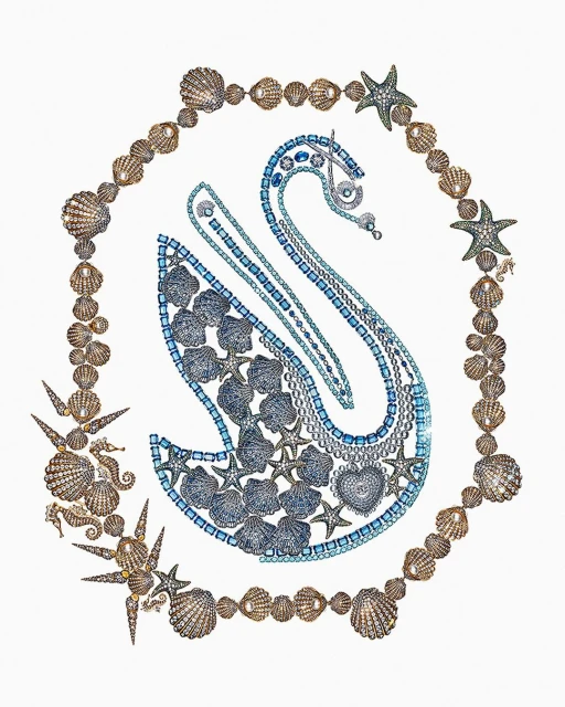 Elegant swan-shaped design crafted with intricate blue and white gems, surrounded by seashells and starfish on a white background.