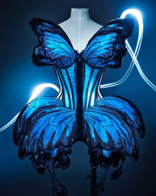 Butterfly-inspired corset dress on a mannequin, showcasing a vibrant blue and black design with delicate, wing-like detailing against a gradient blue background.