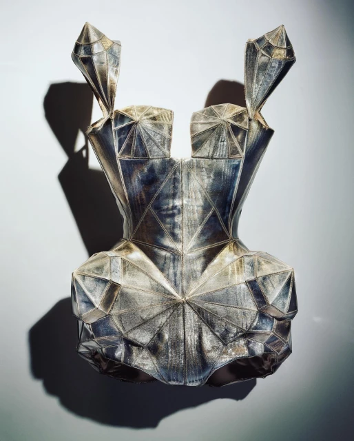Geometric metallic silver corset with diamond-shaped patterns and pointed shoulder accents against a gray background with a shadow.