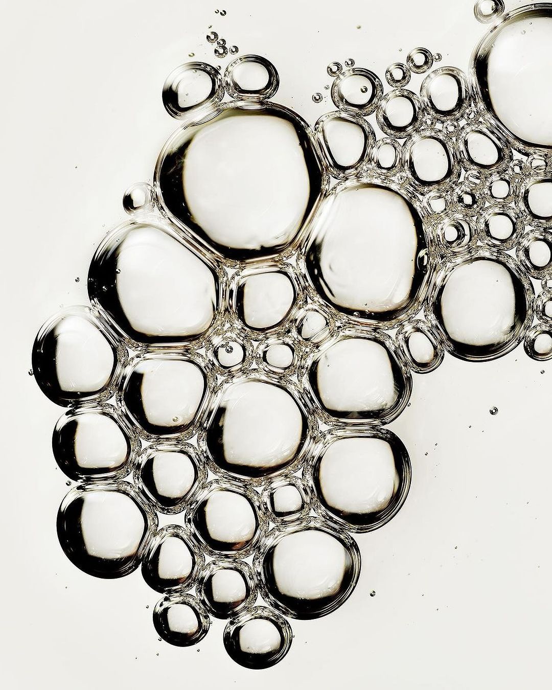 A macro photograph showcases a cluster of clear, round bubbles against a bright white background, creating a minimalist, abstract visual.