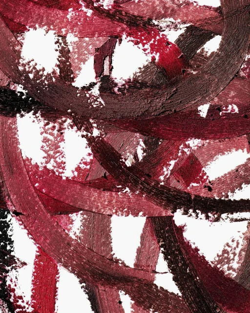 Abstract close-up of smudged, swirling burgundy and brown lipstick samples on a white background, creating a textured, artistic effect.