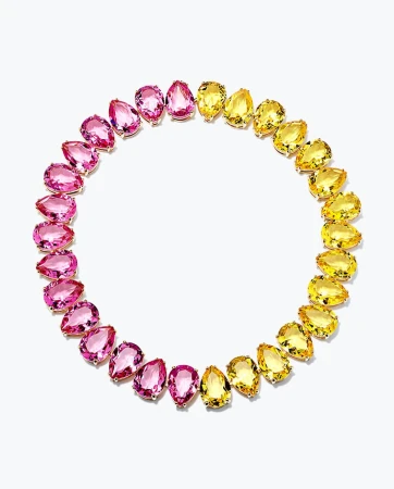 Necklace with pink and yellow gemstones in a circle on a white background, jewellery advertisement, jewellery photography, necklace design.