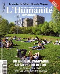 Magazine cover featuring L Humanity Dimanche with people relaxing on a grassy park lawn under tall modern residential buildings.