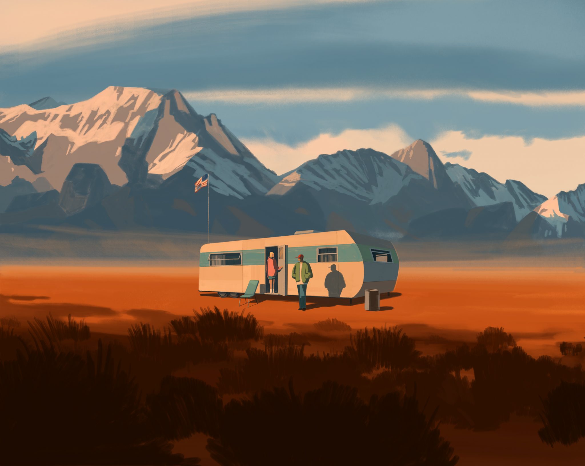 Illustration of a camper parked in a desert-like landscape with mountains in the background; two people stand in the doorway.
