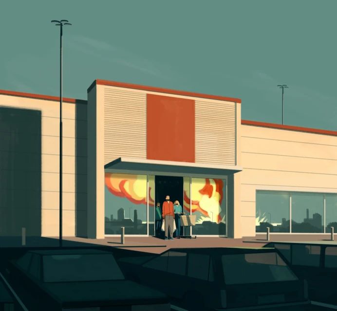 Illustration of a supermarket exterior with people standing near the entrance and cars parked in front of the building.