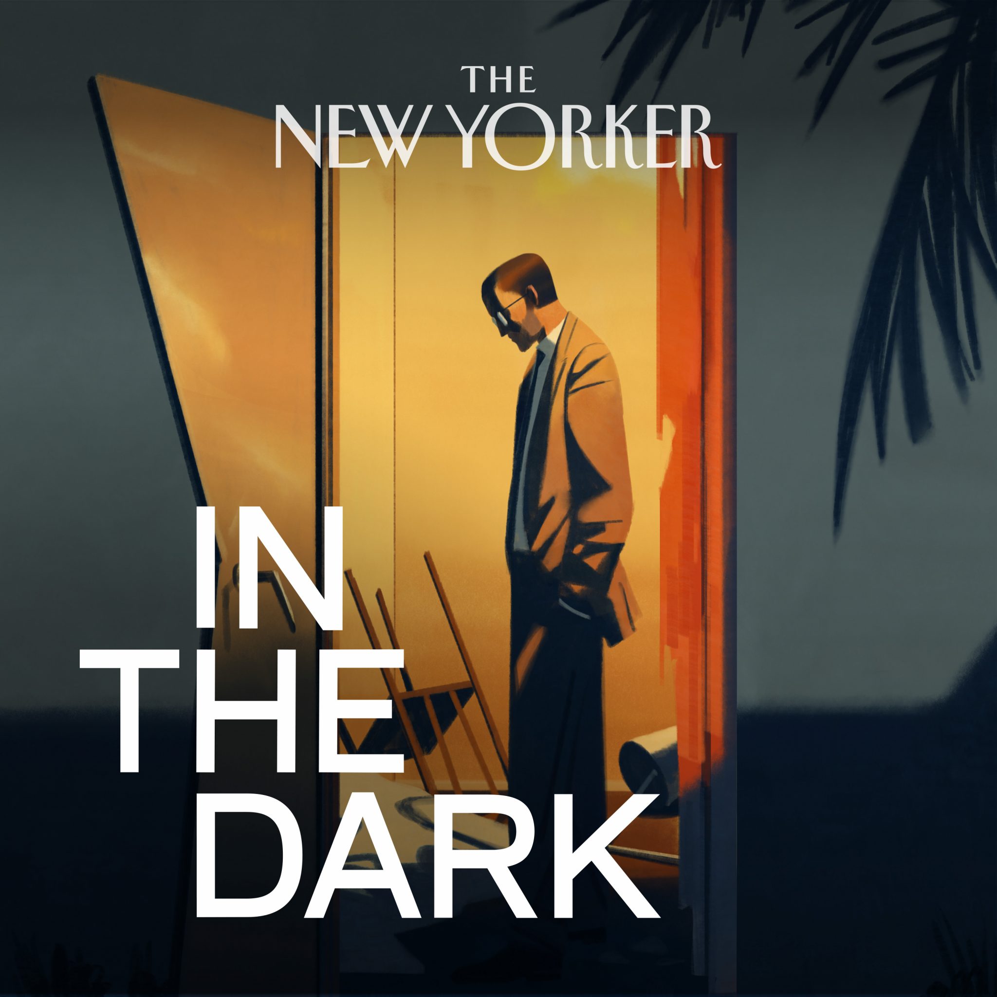 Illustration for The New Yorker magazine featuring an adult male in a suit standing in a doorway, casting a shadow on a dark, surreal scene.