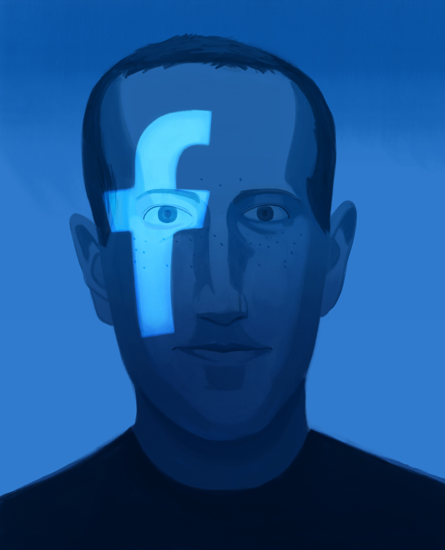 Illustration of a fair-skinned adult male's face with a glowing blue Facebook 'f' logo superimposed over his face in a headshot.