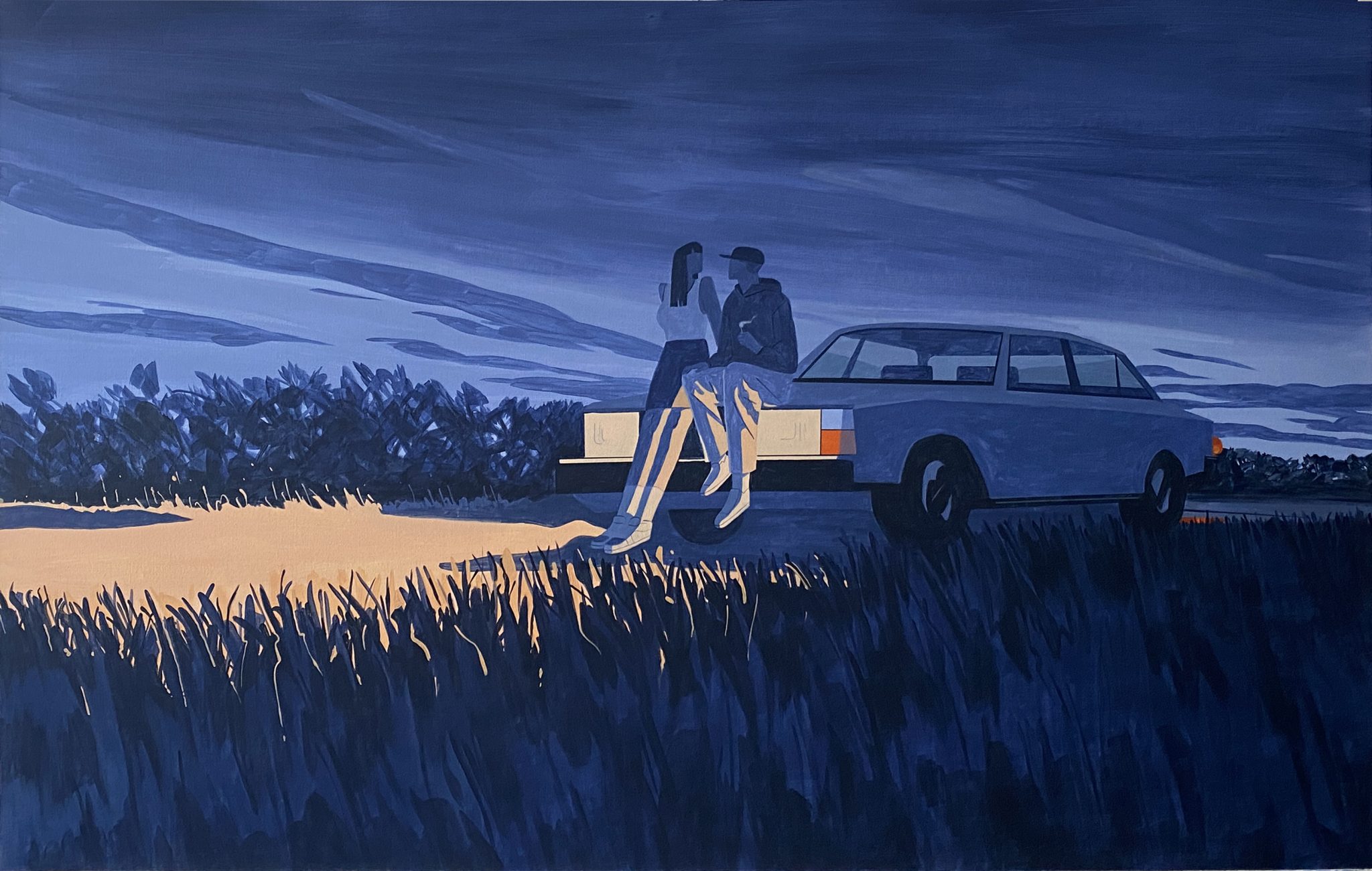 Painting of a couple sitting on the hood of a vintage car in a field at dusk, illuminated by the car's headlights, with a cloudy sky.