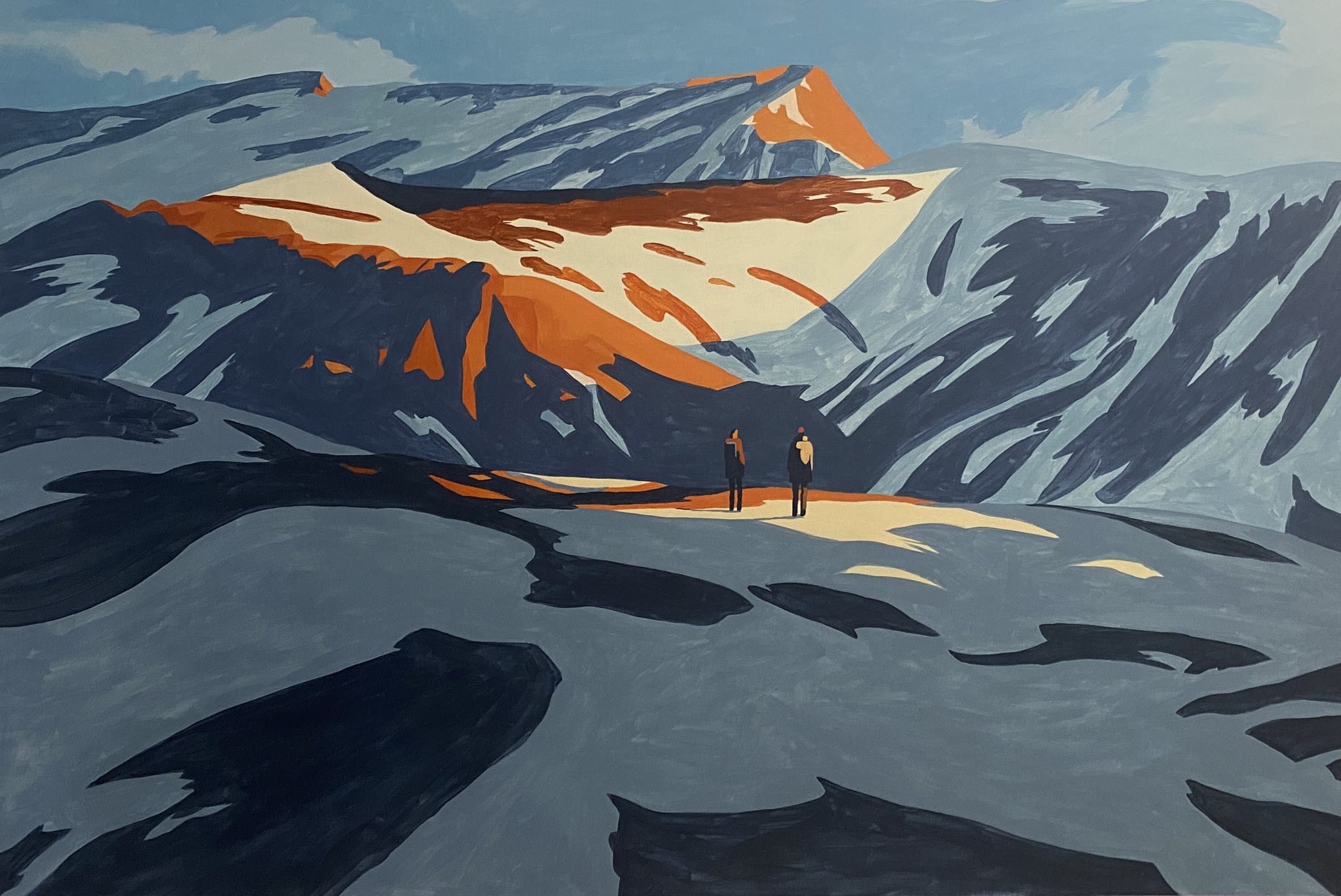 Illustration of two figures in a snowy mountain landscape, depicted in shades of blue, white, and orange, under a clear blue sky.