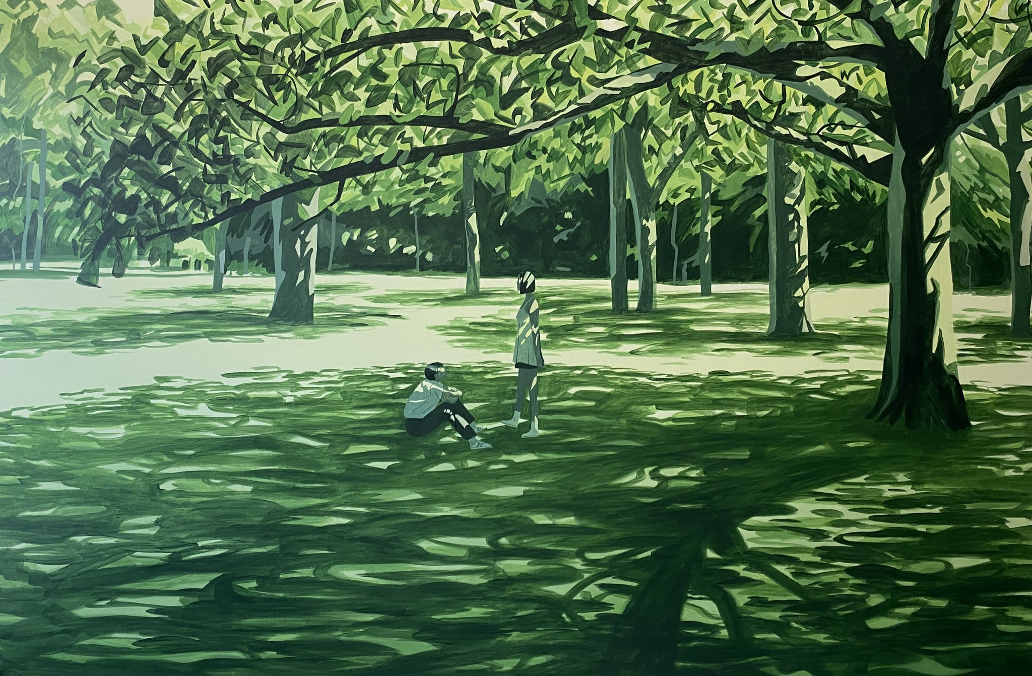 Impressionist painting of two figures in a verdant green park, with dappled light filtering through dense tree canopy. Serene outdoor scene.