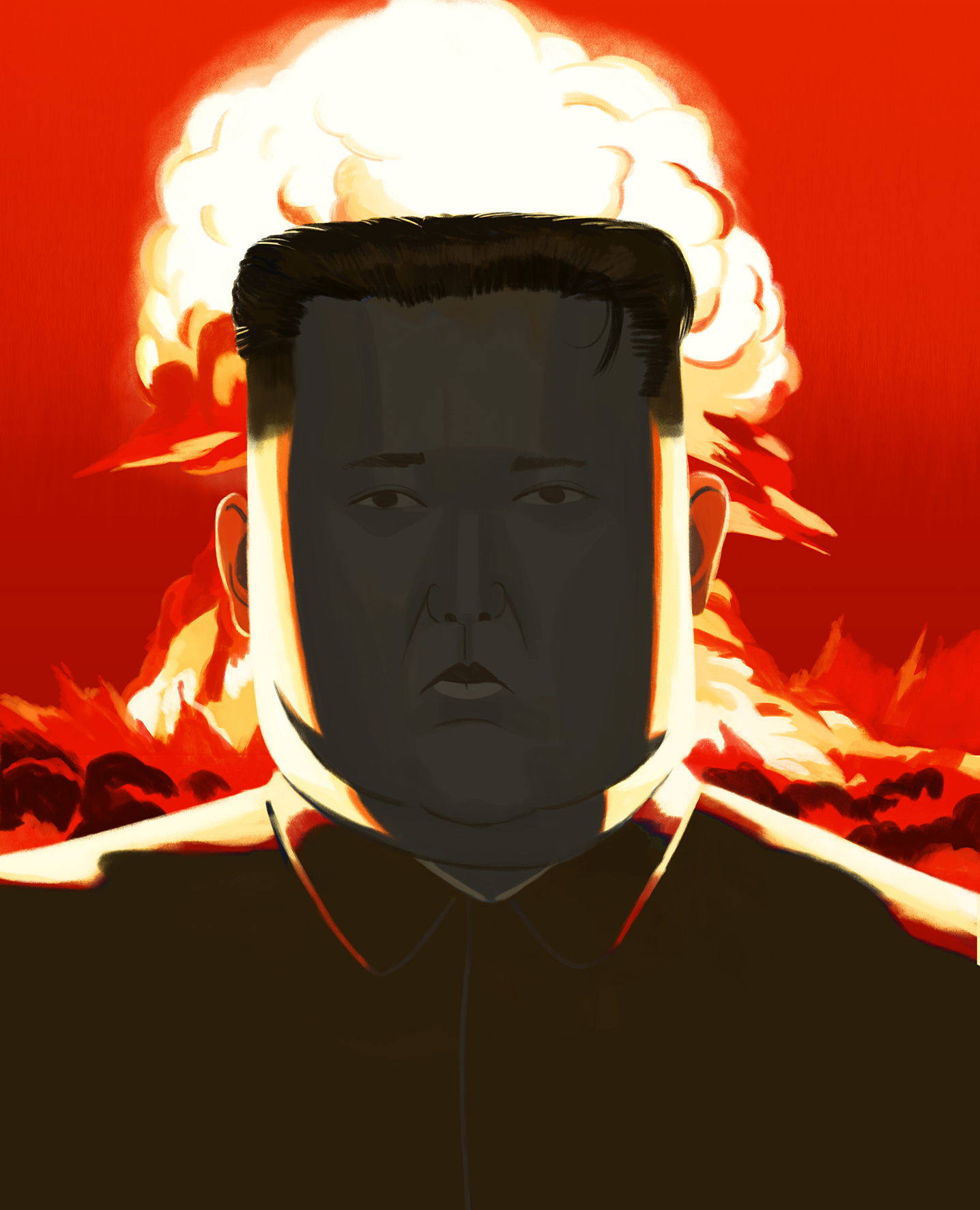 Illustration of a somber-faced adult male set against a backdrop of an atomic explosion with red skies and ominous lighting.