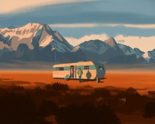 Illustration by Emiliano Ponzi of a vintage camper trailer parked in a desert landscape with snow capped mountains in the background