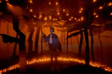 Illustrated person standing in a dark forest surrounded by glowing orange fairy lights by Emiliano Ponzi