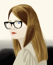 Digital illustration portrait of a woman with long brown hair, thick black glasses, and blue eyes by Emiliano Ponzi.
