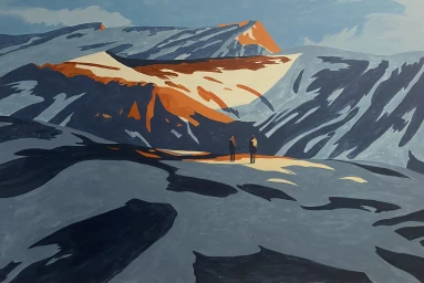 Illustration by Emiliano Ponzi of two figures standing in a vast, snow-covered mountainous landscape under a blue sky