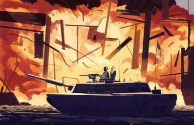 Digital illustration of a military tank amid falling debris and explosion by Emiliano Ponzi