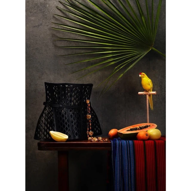 Still life composition featuring a black ornamental basket, tropical fruits, a yellow parrot on a perch, and a palm leaf.