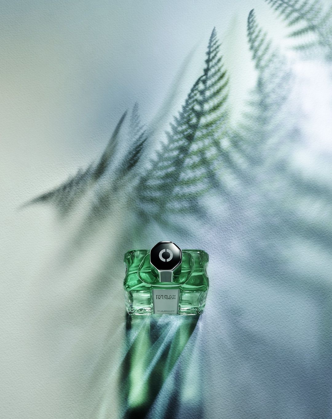 Studio shot of a transparent green glass perfume bottle with silver accents, casting shadows of fern leaves on a light background.