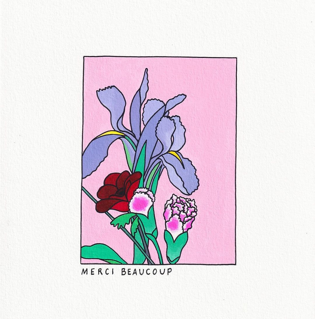 Illustration of a colorful floral arrangement with an iris, carnations, and greenery against a solid pink background on a white surface.