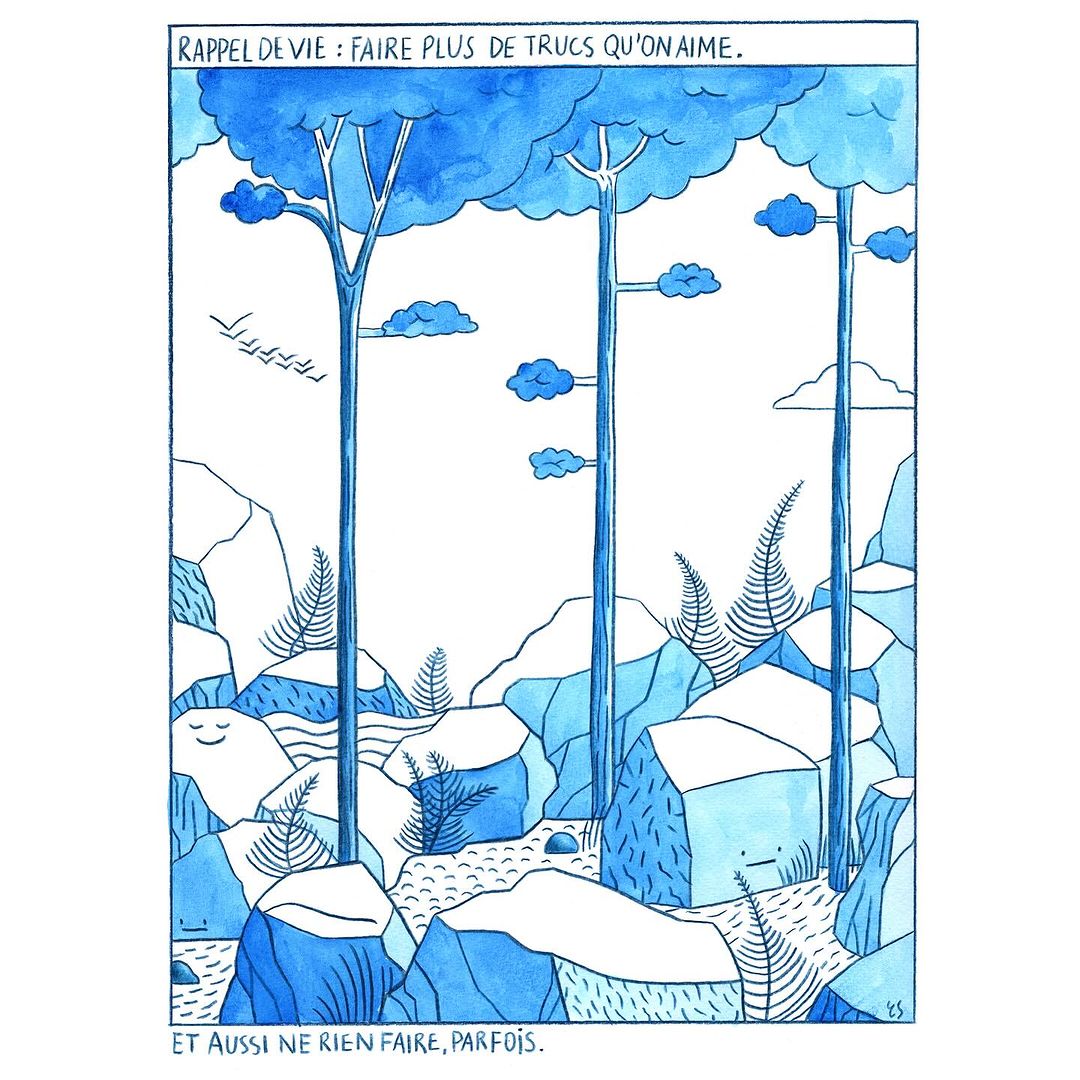 Watercolor illustration: trees and rock formations rendered in shades of blue; minimalist style, birds in flight, text at top.