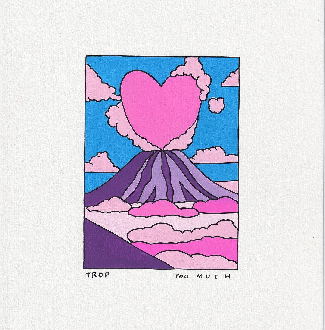 Whimsical painting of a heart-shaped volcano with pink and purple hues against a blue sky with clouds, creating a dreamy landscape.
