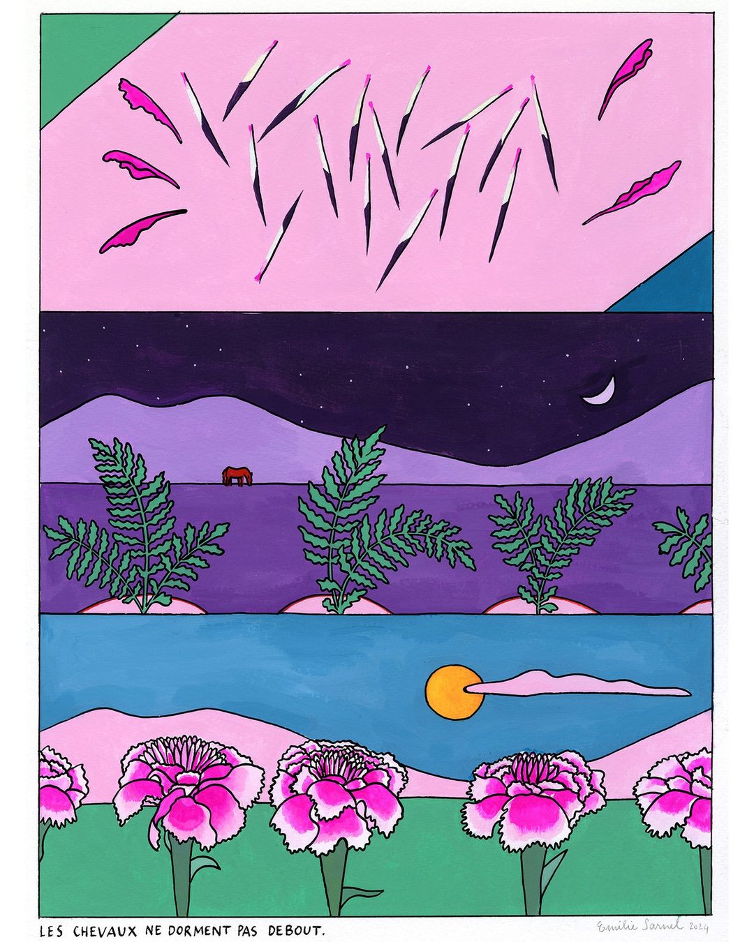 Surrealist artwork featuring pink flowers, flying petals, and a horse set against a night sky with stylized moon and dreamlike landscape.