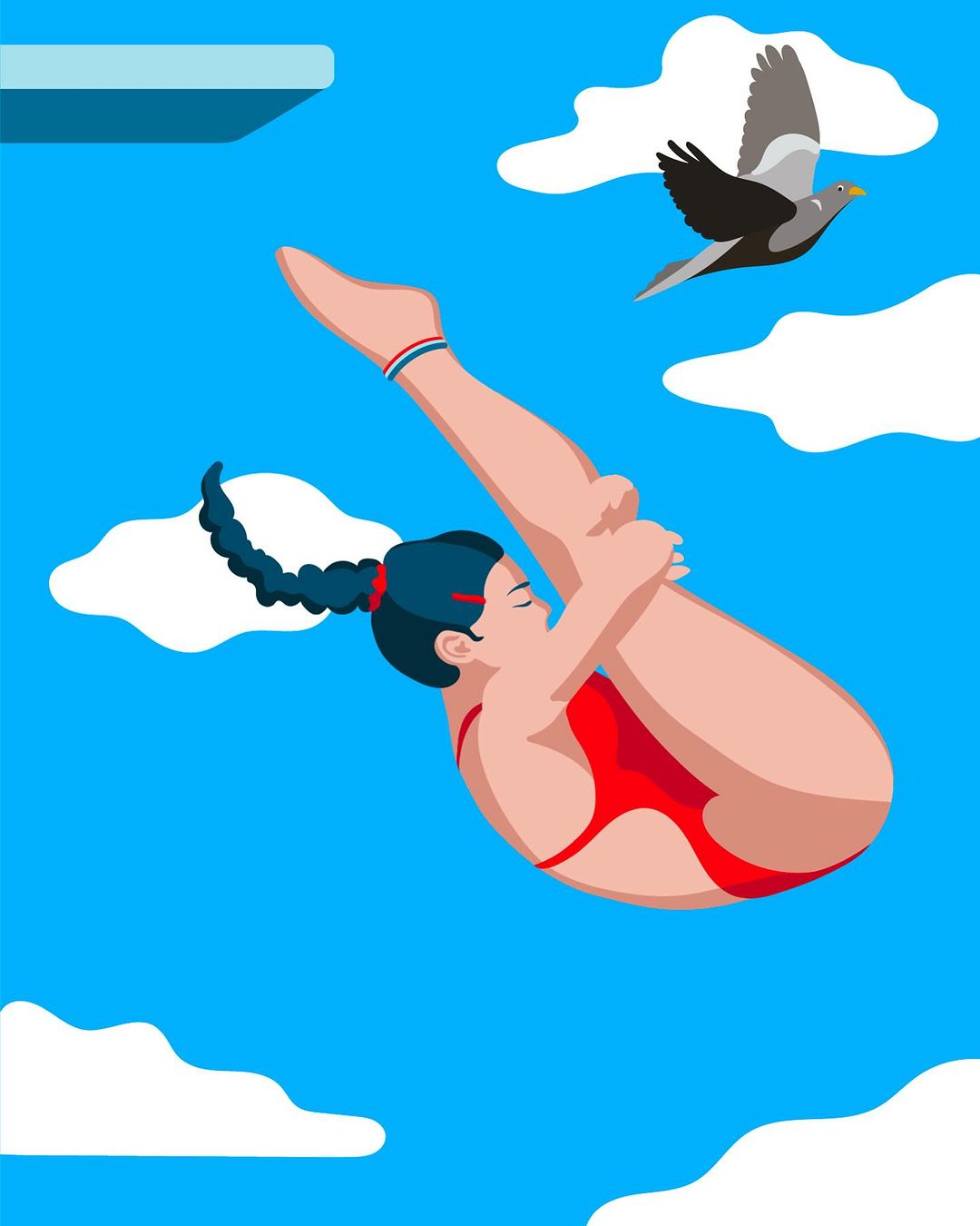 Illustration of a woman in a red swimsuit diving against a blue sky with clouds and a bird, created with flat vector design.