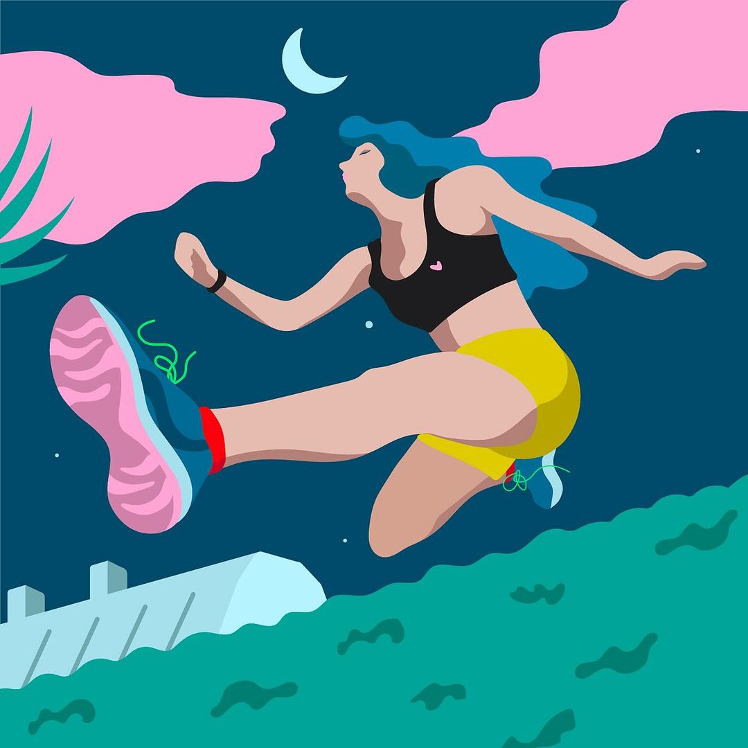 Illustration of a woman in sportswear leaping against a dark blue sky with a crescent moon, pink clouds, and green landscape below.
