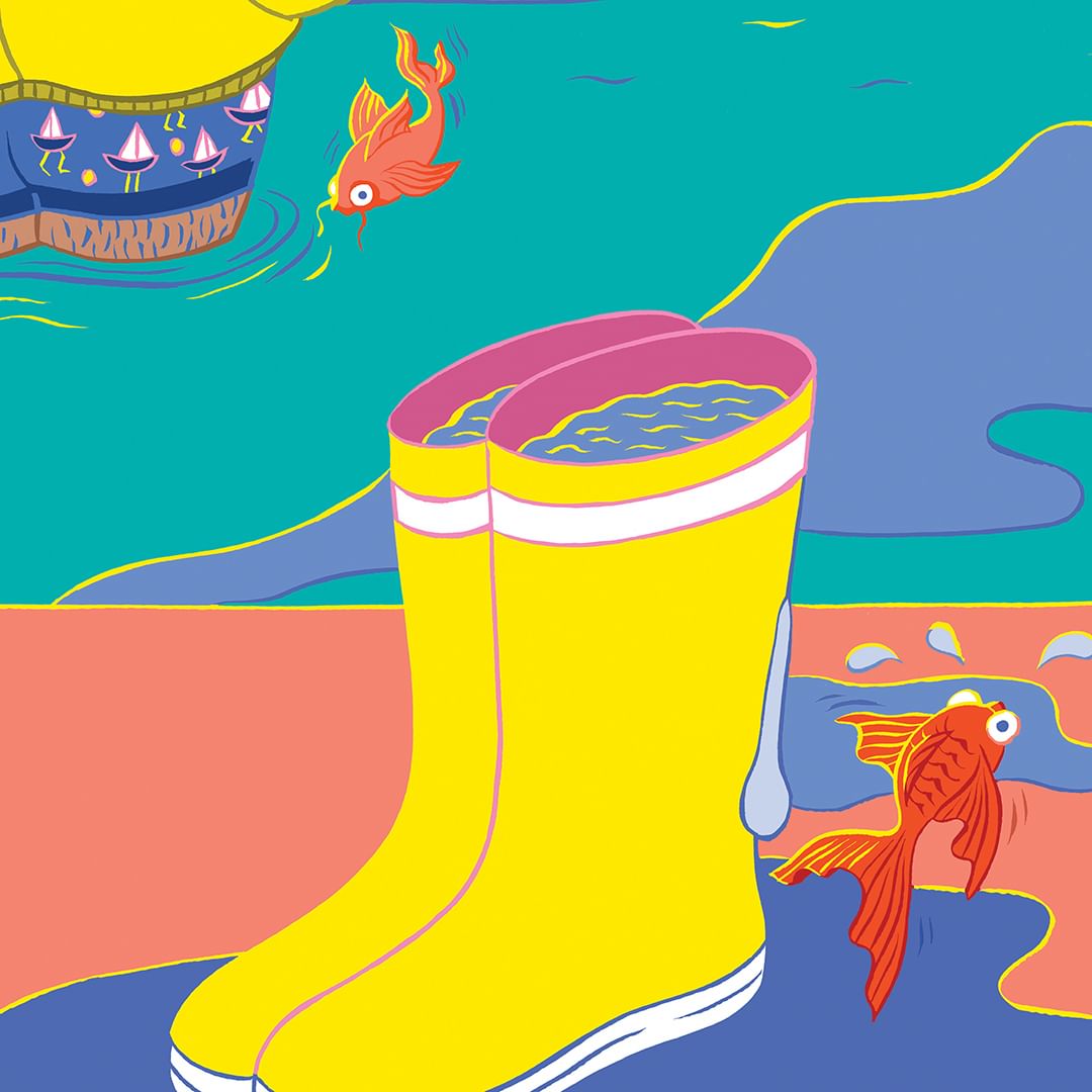 Illustration of yellow rubber boots filled with water and goldfish, set against an abstract background in shades of blue and coral.