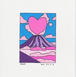 Colorful illustration of a purple volcano erupting pink clouds and a large pink heart against a blue sky by Emilie Sarnel
